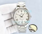 Copy Omega Watch White Face Stainless Steel Strap Diamonds Bezel Watch 42mm